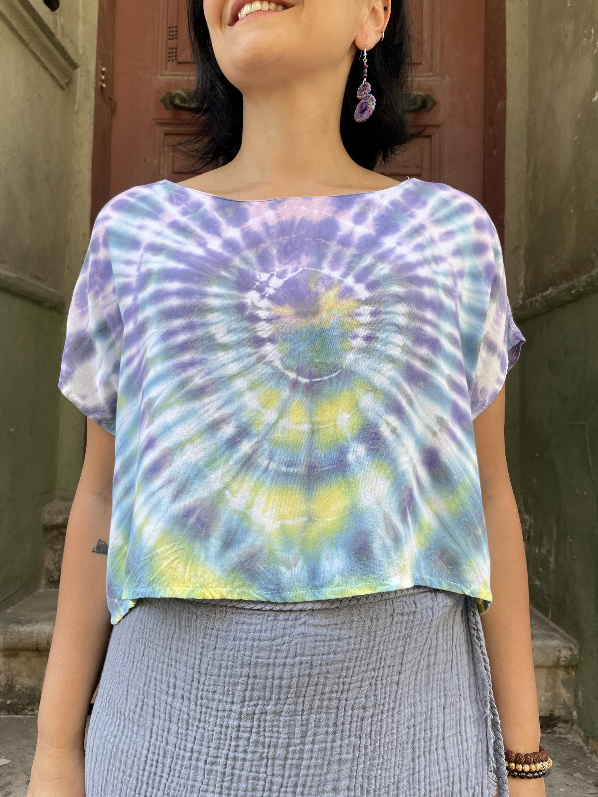 Batik Tasarım Mor Turkuaz Kadın Crop Bluz