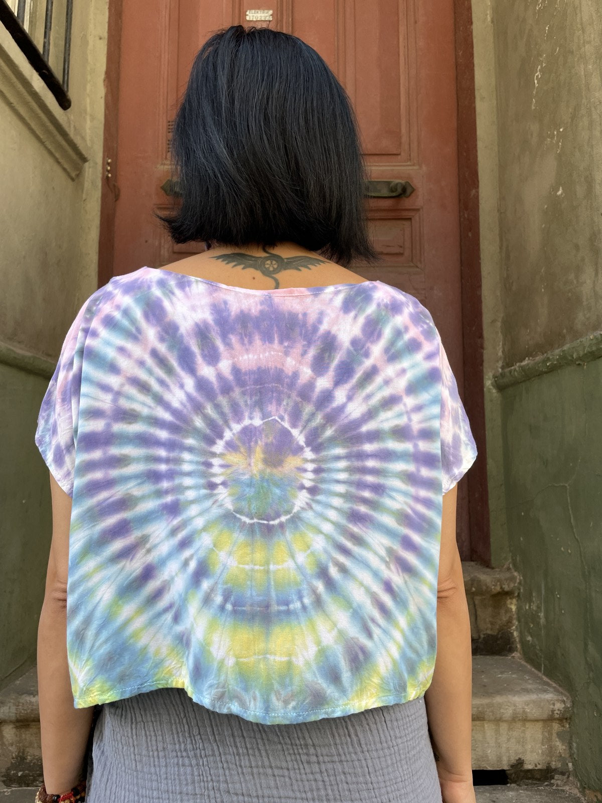 Batik Tasarım Mor Turkuaz Kadın Crop Bluz