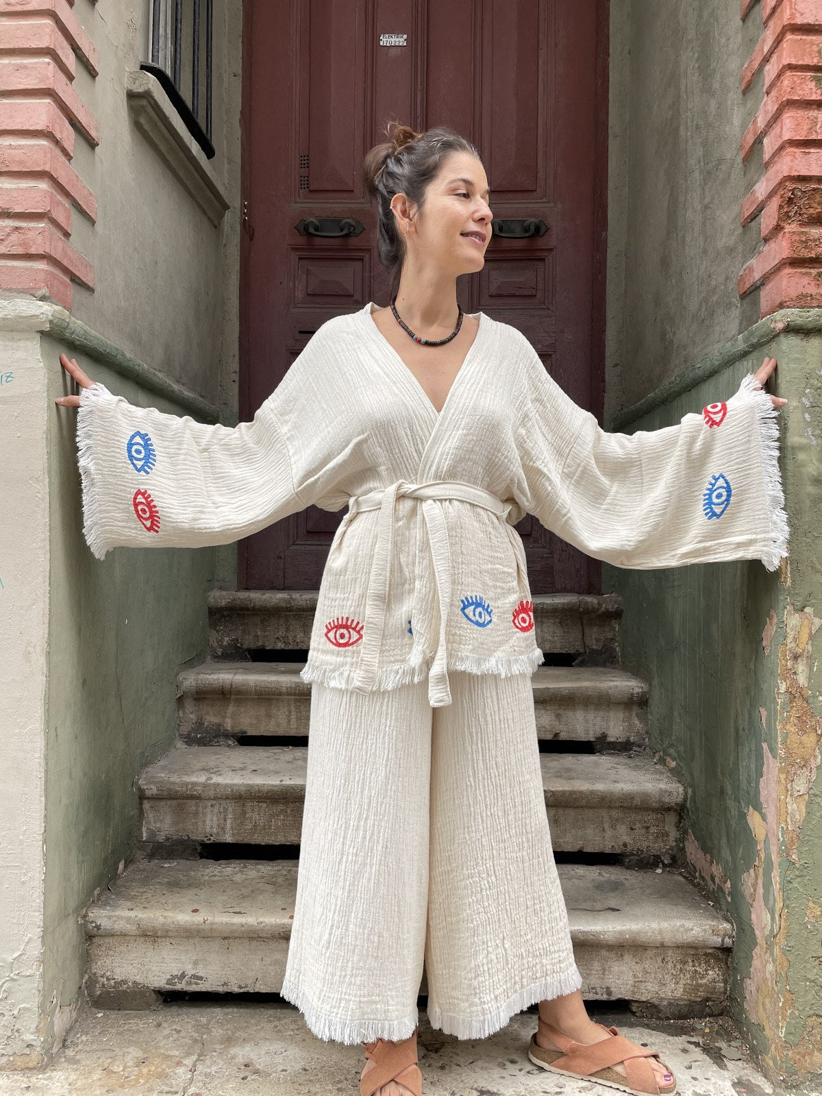 Fatma Ananın Bereket Eli Bohem Kadın Yoga Doğal Kumaş Kimono Takım Yoga Takımı