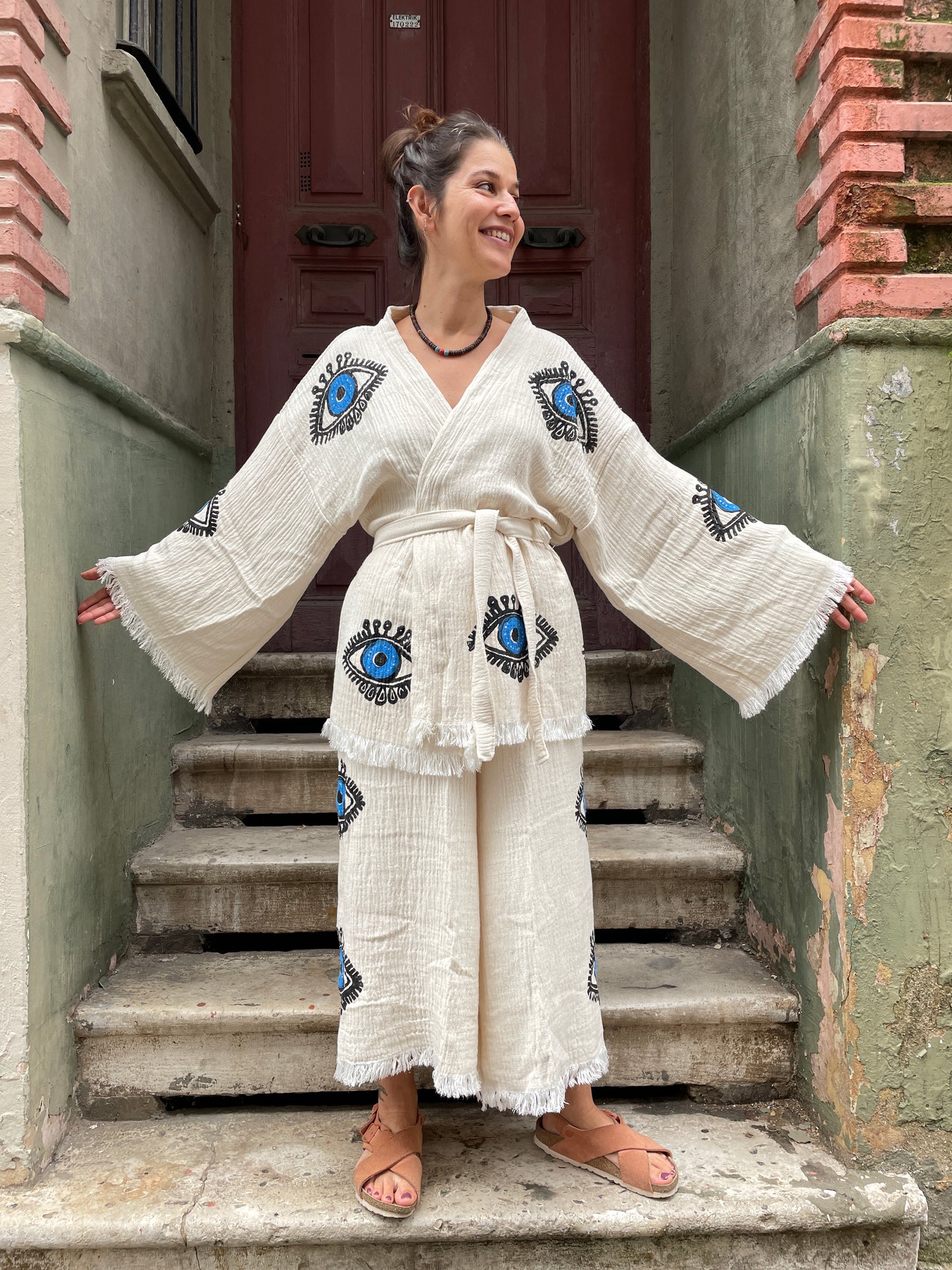 Göz Desenli Bohem Kadın Doğal Kumaş Pantolon