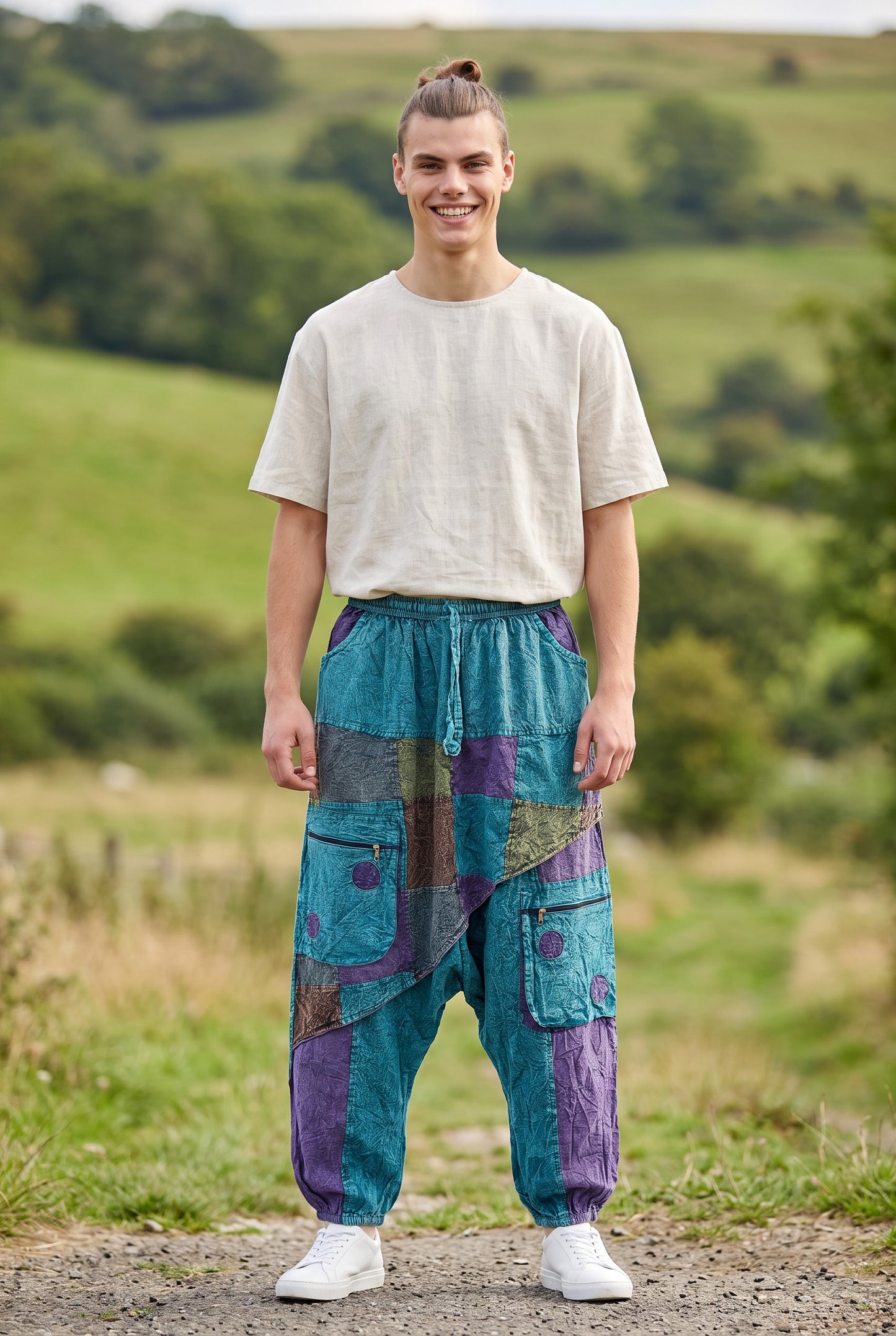 Mavi Nepal Patchwork Şalvar Pantolon – Mevsimlik / Kışlık, Bol Cepli, Salaş Tasarım