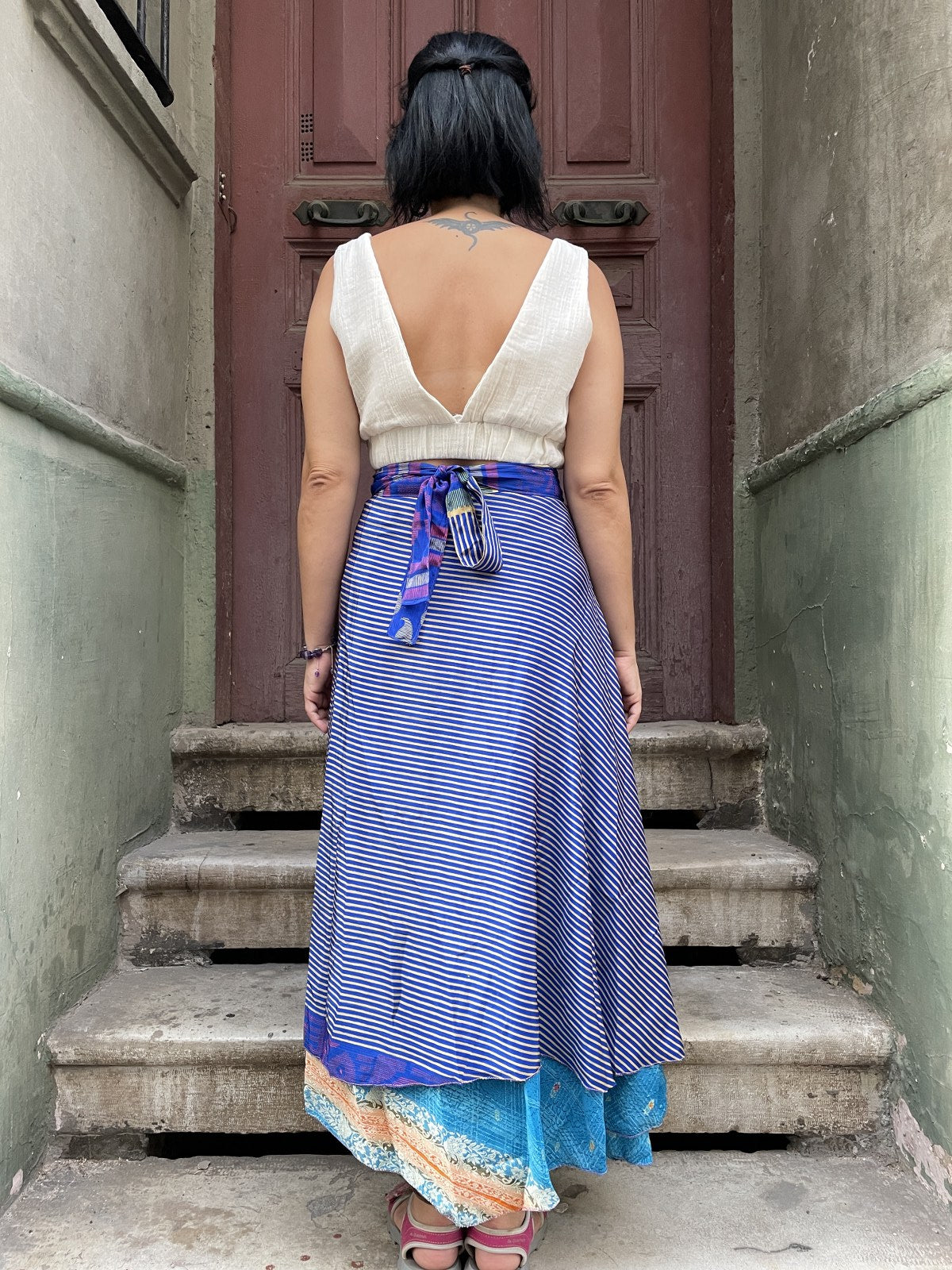 Bohem Desenli Bağlamalı Mavi Yeşil İpek Etek