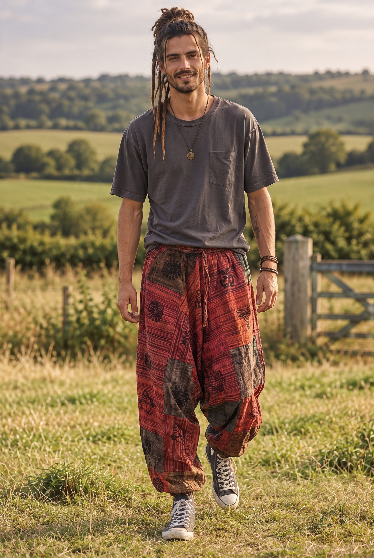 Unisex Rustic Patchwork Kiremit Şalvar Pantolon - Büyük Beden Uyumlu