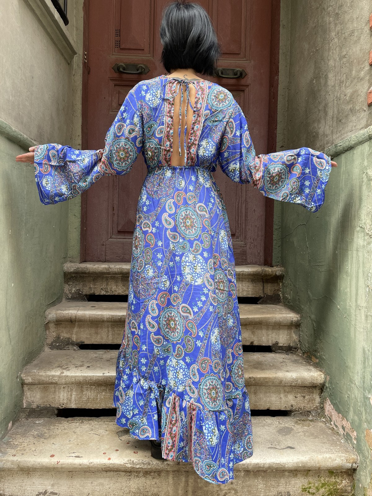 Bohem Nepal Mavi Mandala İpek Elbise