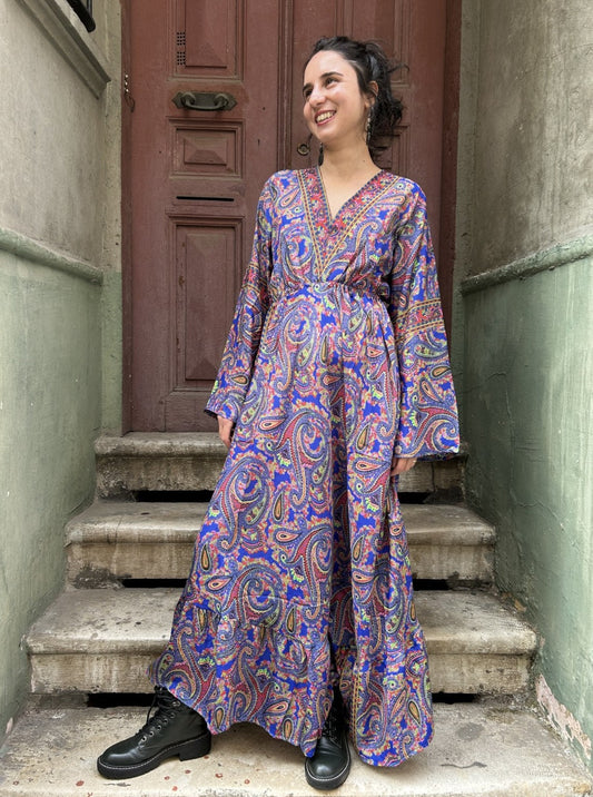 Bohem Nepal Mavi Pembe İpek Elbise