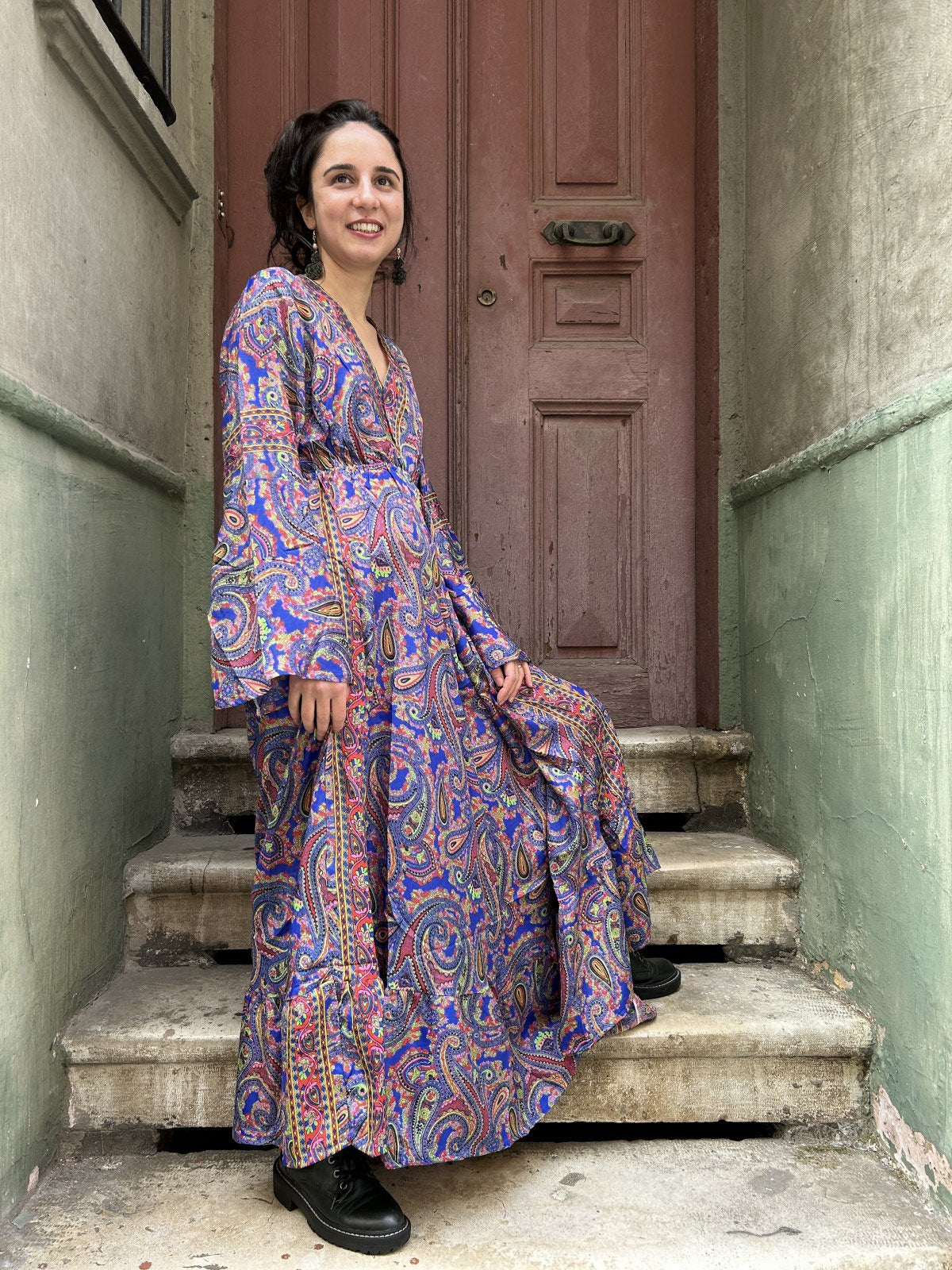 Bohem Nepal Mavi Pembe İpek Elbise