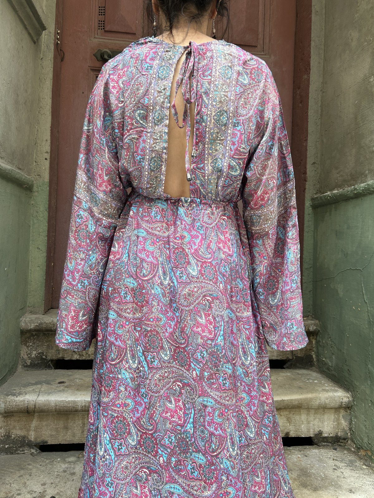 Bohem Nepal Mor Pembe İpek Elbise