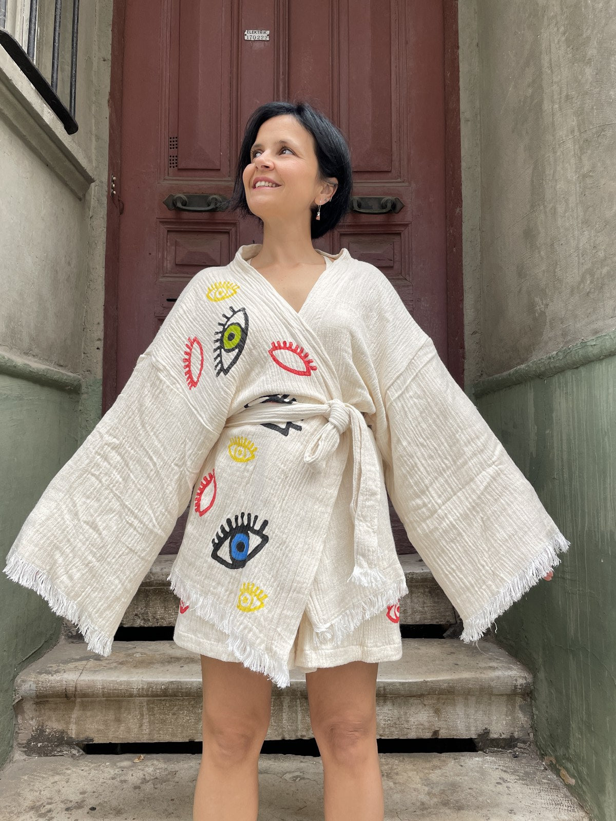 Göz Desenli Kadın Müslin Kimono Şort Takım