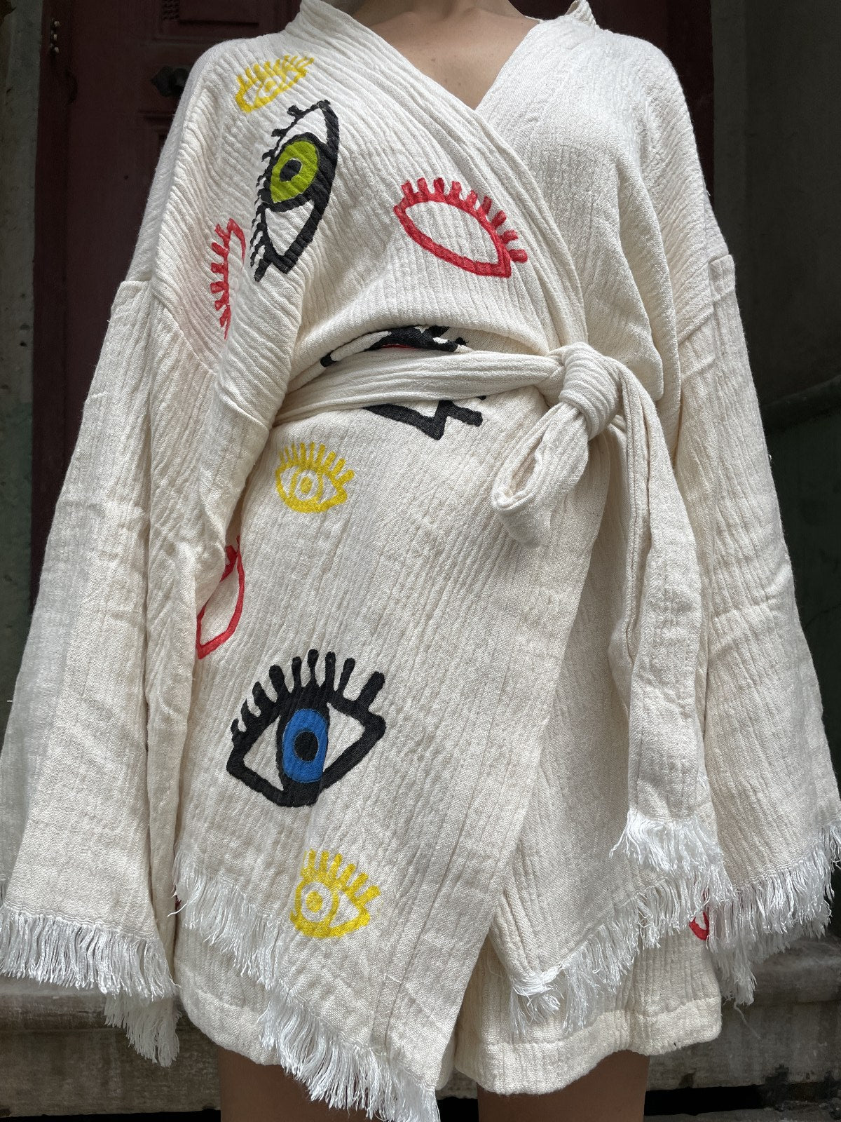 Göz Desenli Kadın Müslin Kimono Şort Takım