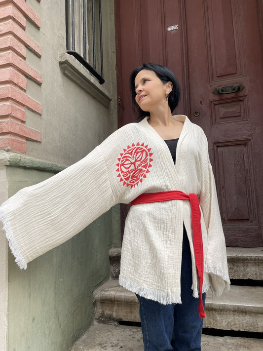 Kırmızı Güneş Desenli Kadın Müslin Kimono