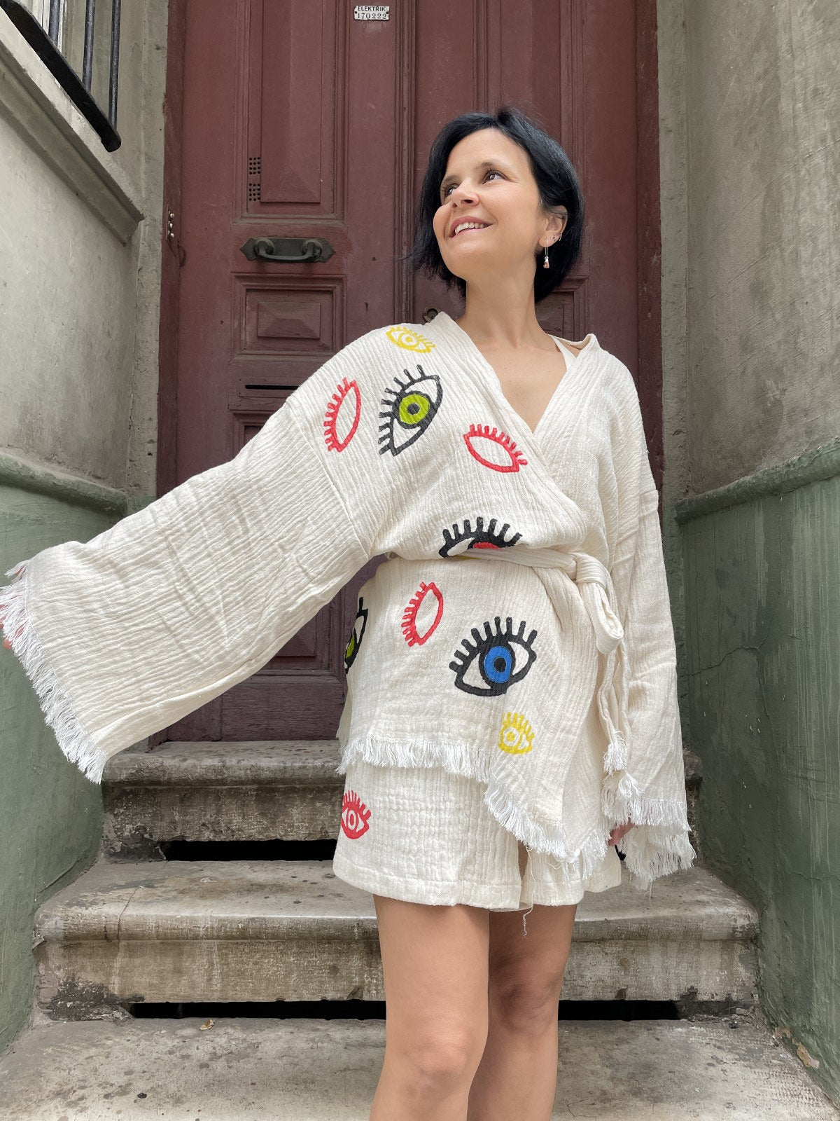 Göz Desenli Kadın Müslin Kimono Şort Takım