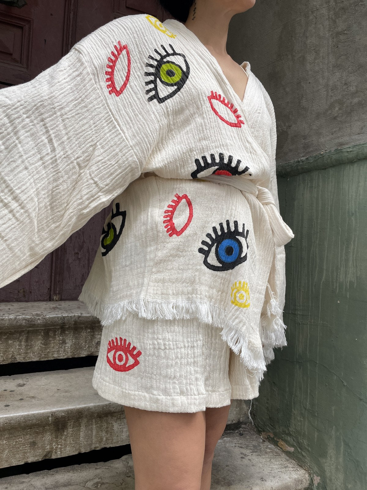 Göz Desenli Kadın Müslin Kimono Şort Takım