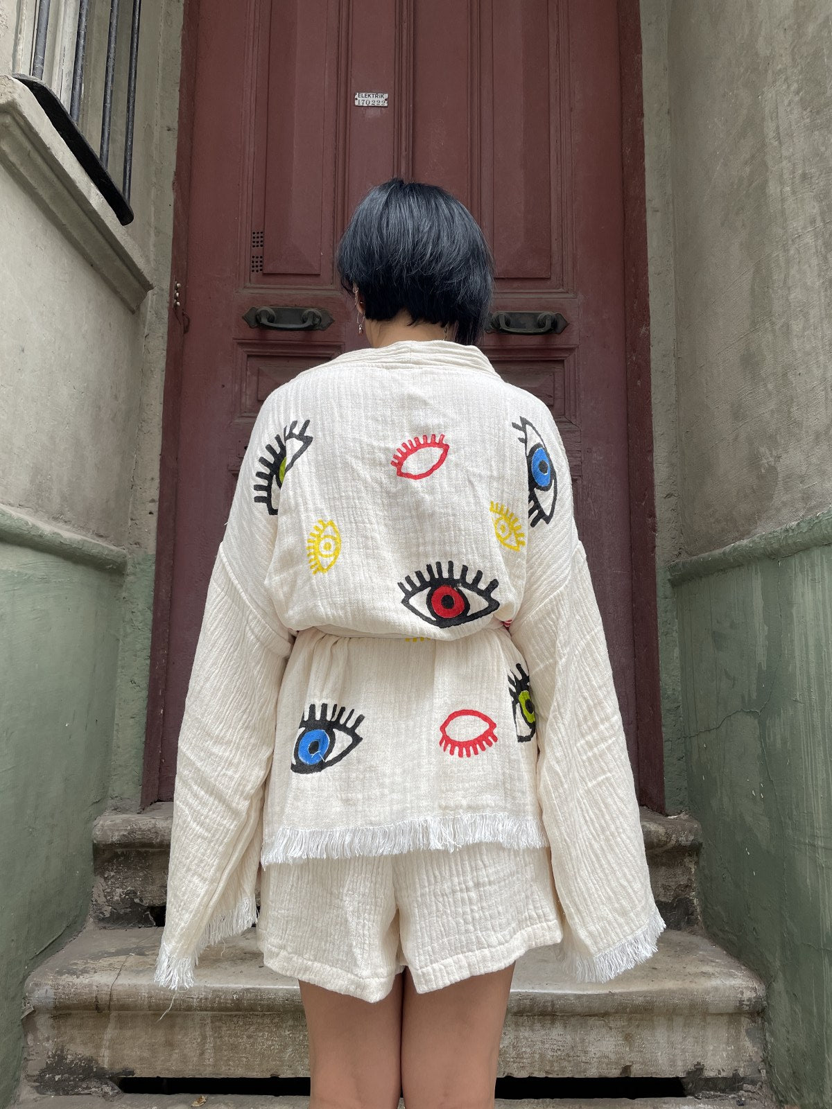 Göz Desenli Kadın Müslin Kimono Şort Takım