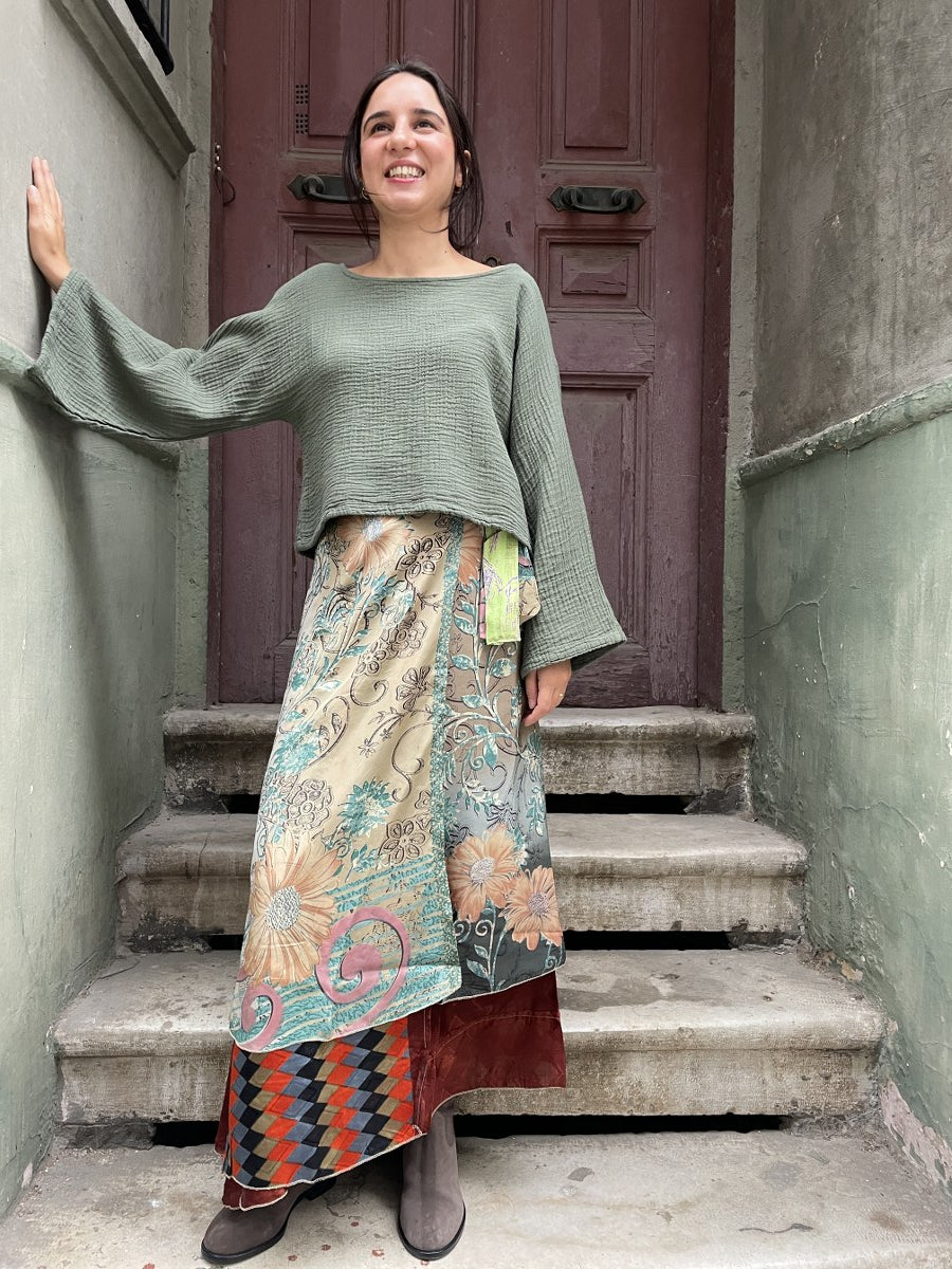 Nepal İpek Çift Taraflı Bağlamalı Etek – Bej Desenli