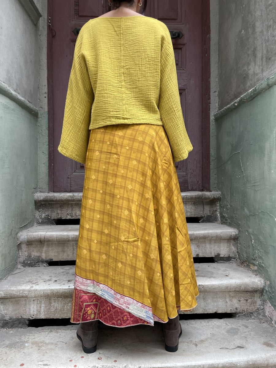 Nepal İpek Çift Taraflı Bağlamalı Etek – Sarı Desenli