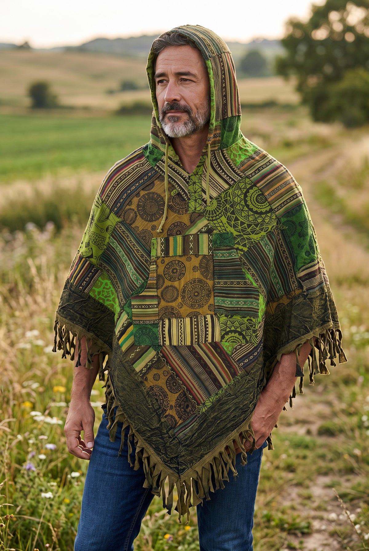 Unisex Himalaya Nepal Patchwork Panço – Kapüşonlu Unisex Bohem Panço
