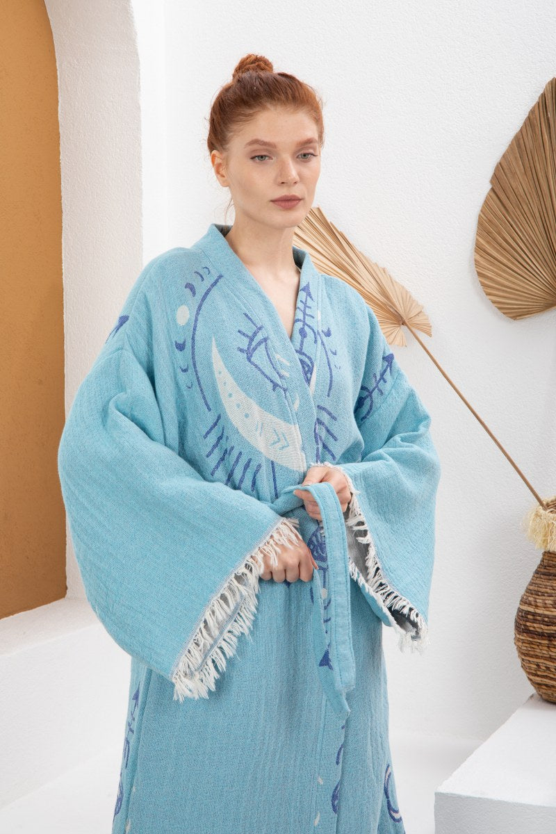 Mavi Bohem Kadın Göz Desenli Doğal Kumaş Kimono Bornoz Kaftan