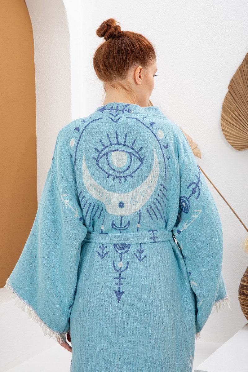 Mavi Bohem Kadın Göz Desenli Doğal Kumaş Kimono Bornoz Kaftan