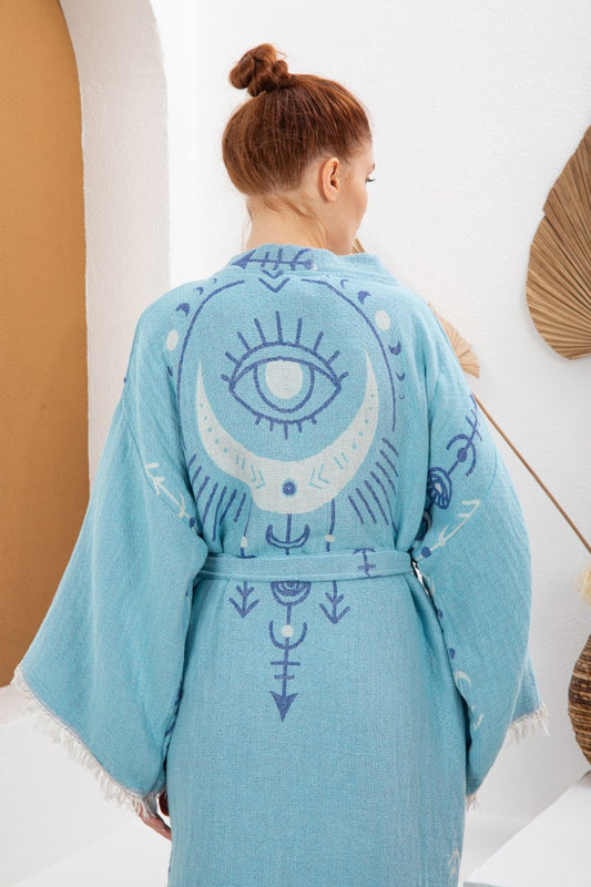 Mavi Bohem Kadın Göz Desenli Doğal Kumaş Kimono Bornoz Kaftan