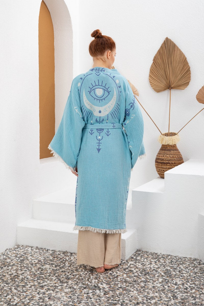 Mavi Bohem Kadın Göz Desenli Doğal Kumaş Kimono Bornoz Kaftan