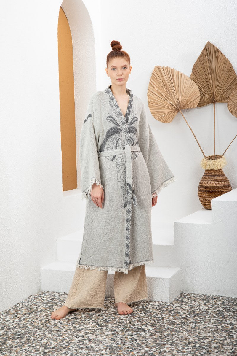 Soluk Gri Bohem Kadın Fil Desenli Doğal Kumaş Kimono Bornoz Kaftan