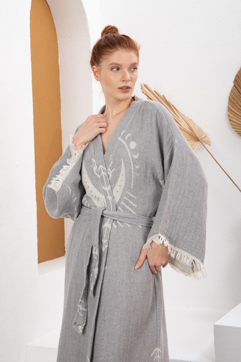 Soft Gri Bohem Kadın Göz Desenli Doğal Kumaş Kimono Bornoz Kaftan