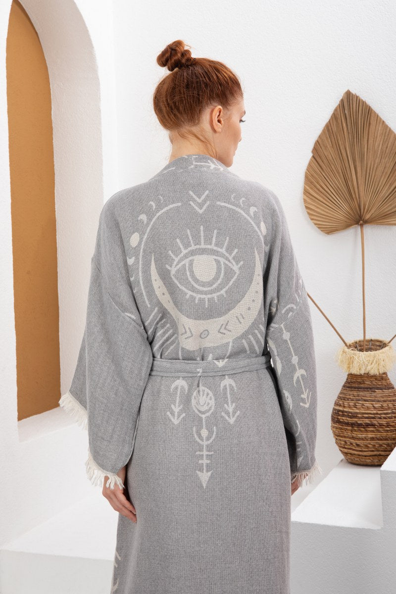 Soft Gri Bohem Kadın Göz Desenli Doğal Kumaş Kimono Bornoz Kaftan