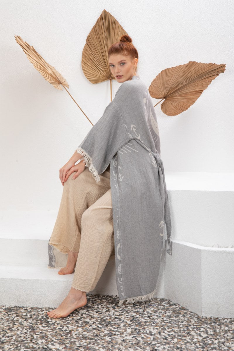 Soft Gri Bohem Kadın Göz Desenli Doğal Kumaş Kimono Bornoz Kaftan