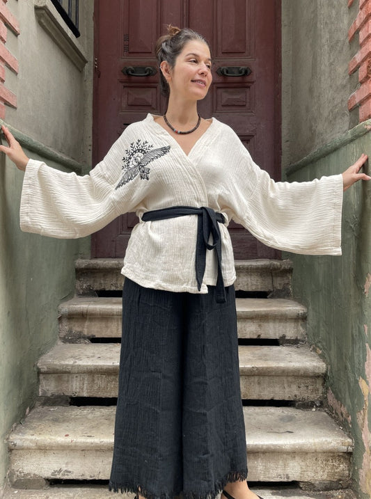 Anka Kuşu Bohem Kadın Yoga Doğal Kumaş Kimono Takım Yoga Takımı