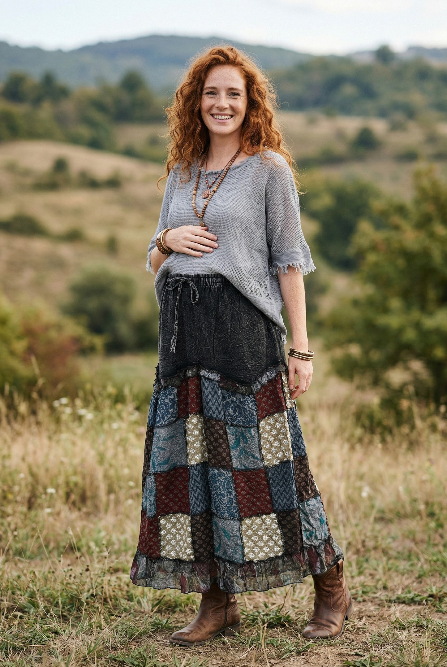Nepal Patchwork Bohem Etek – %100 Pamuk, Lastikli Bel – Antrasit