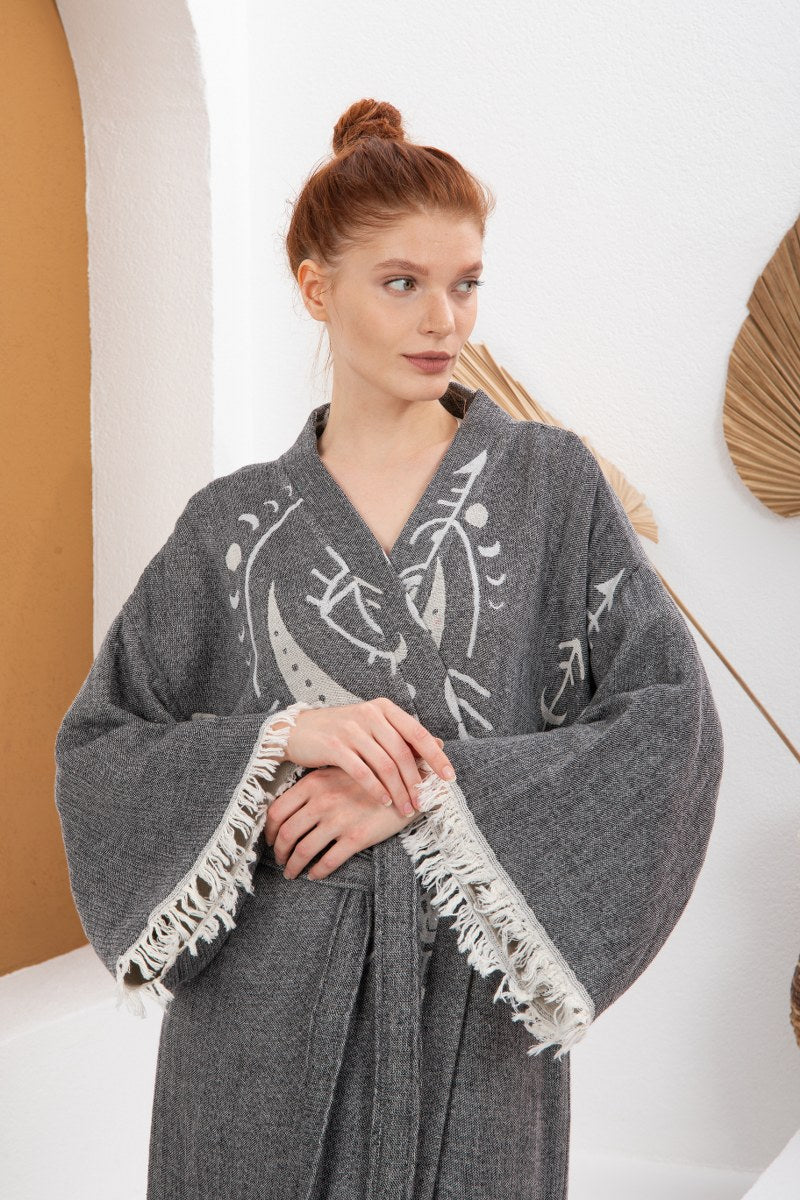 Antrasit Bohem Kadın Göz Desenli Doğal Kumaş Kimono Bornoz Kaftan