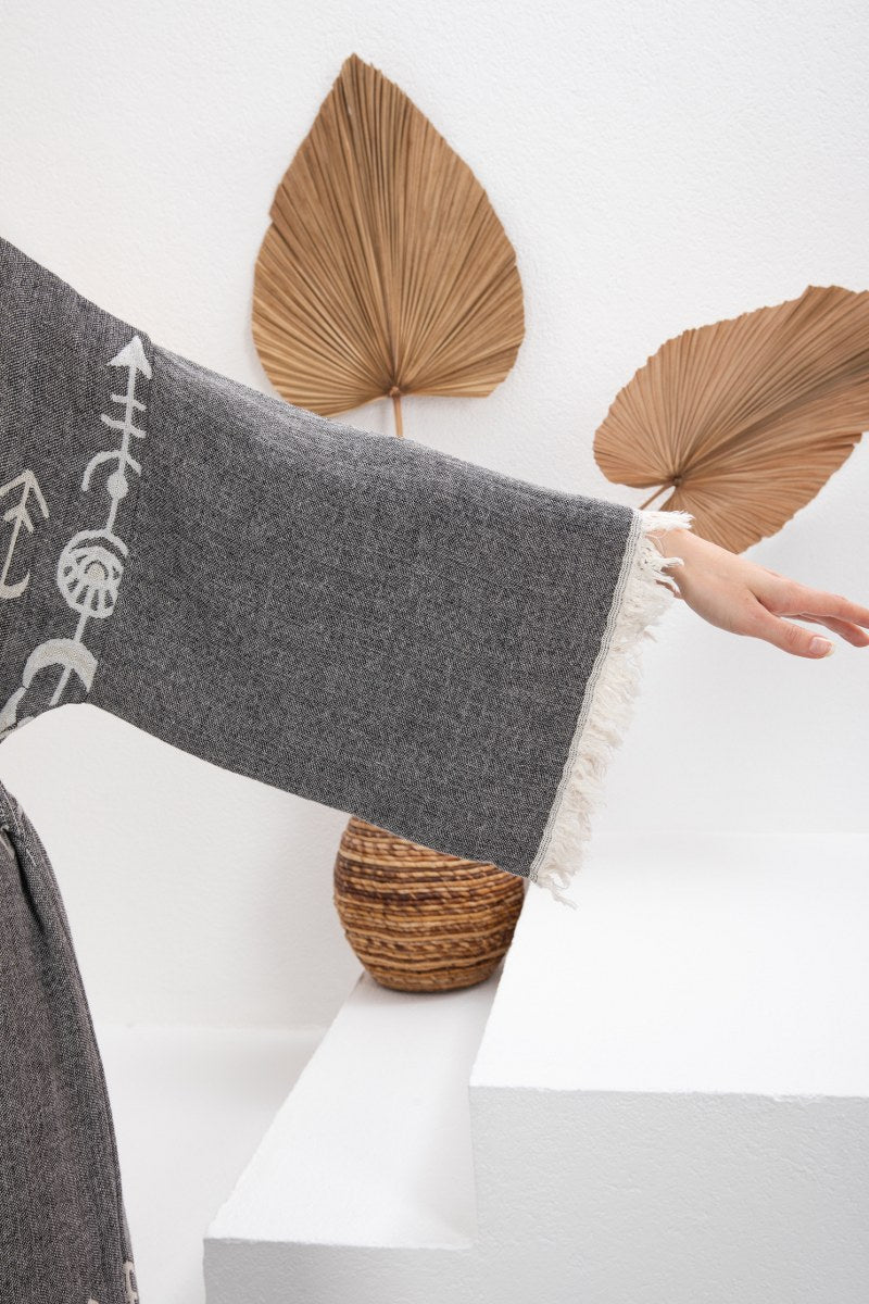 Antrasit Bohem Kadın Göz Desenli Doğal Kumaş Kimono Bornoz Kaftan