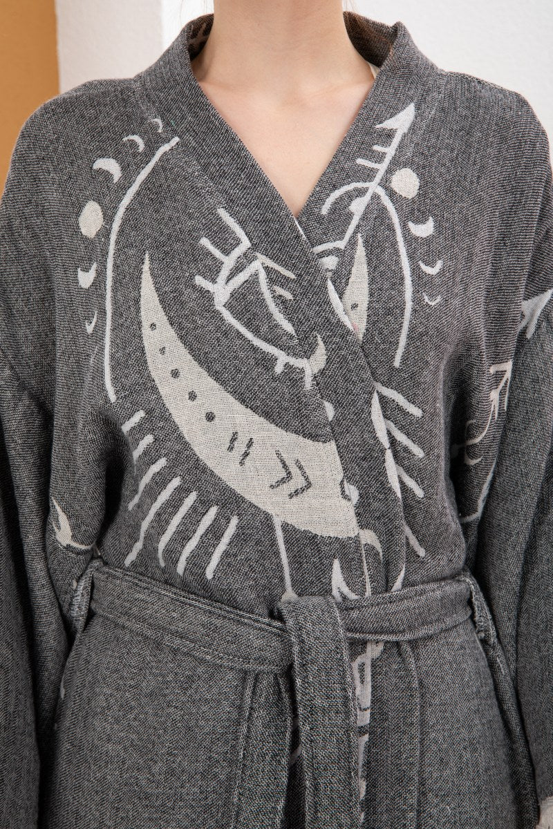 Antrasit Bohem Kadın Göz Desenli Doğal Kumaş Kimono Bornoz Kaftan