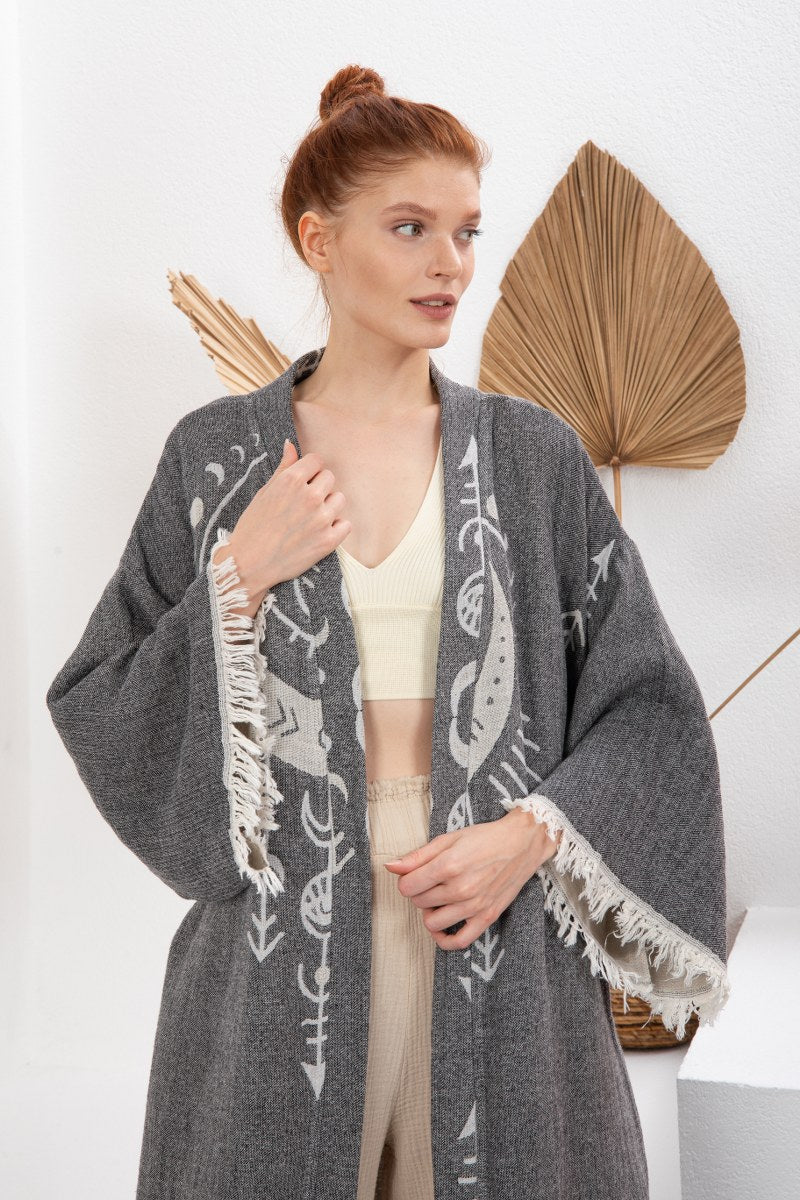 Antrasit Bohem Kadın Göz Desenli Doğal Kumaş Kimono Bornoz Kaftan