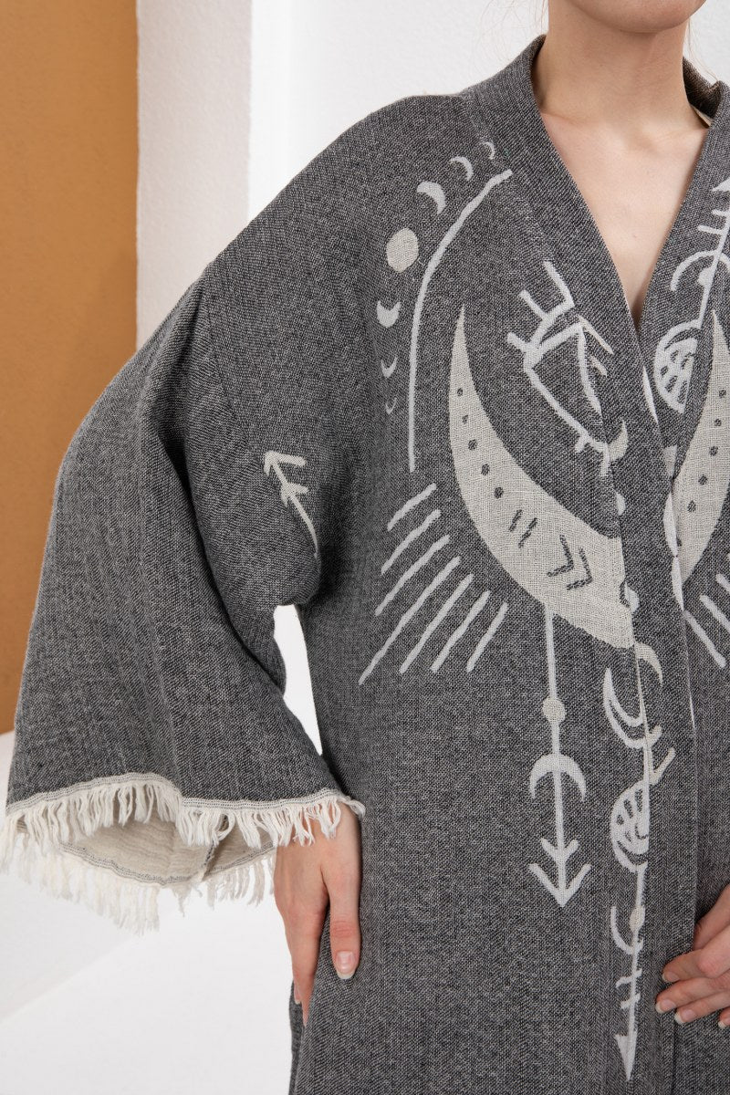 Antrasit Bohem Kadın Göz Desenli Doğal Kumaş Kimono Bornoz Kaftan