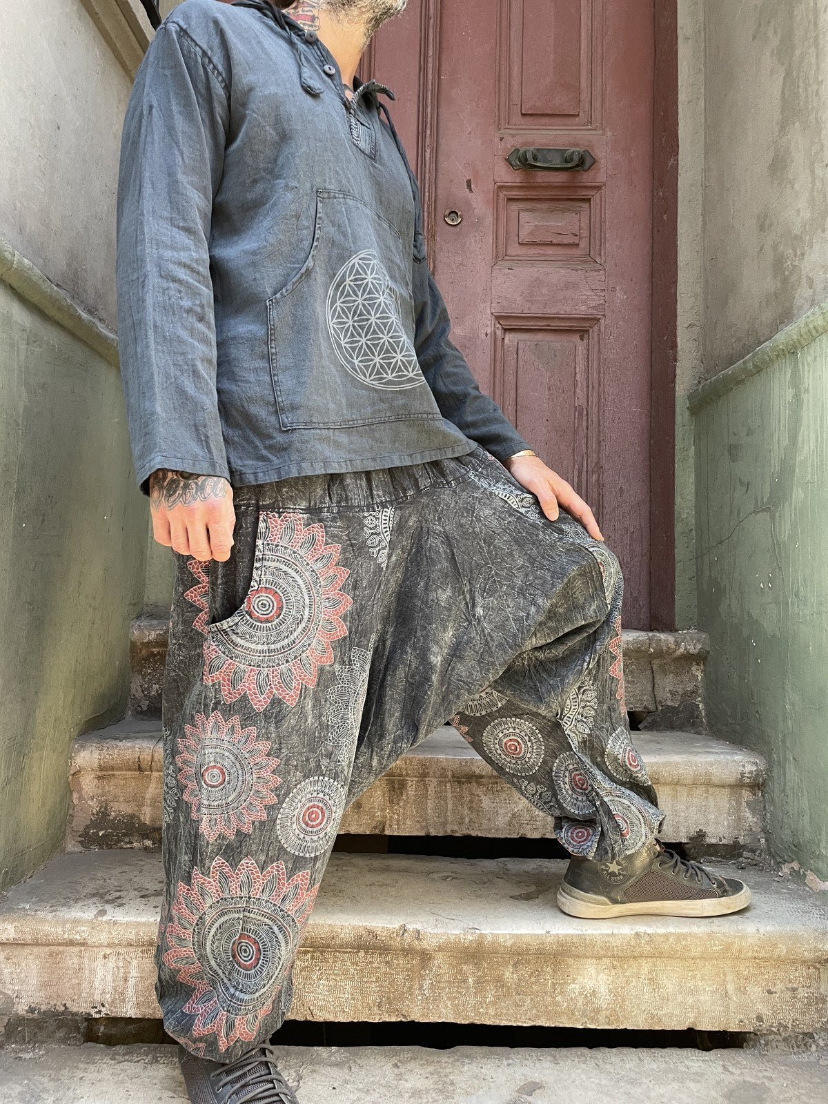 Unisex Nepal Mandala Desenli Bol Şalvar Pantolon