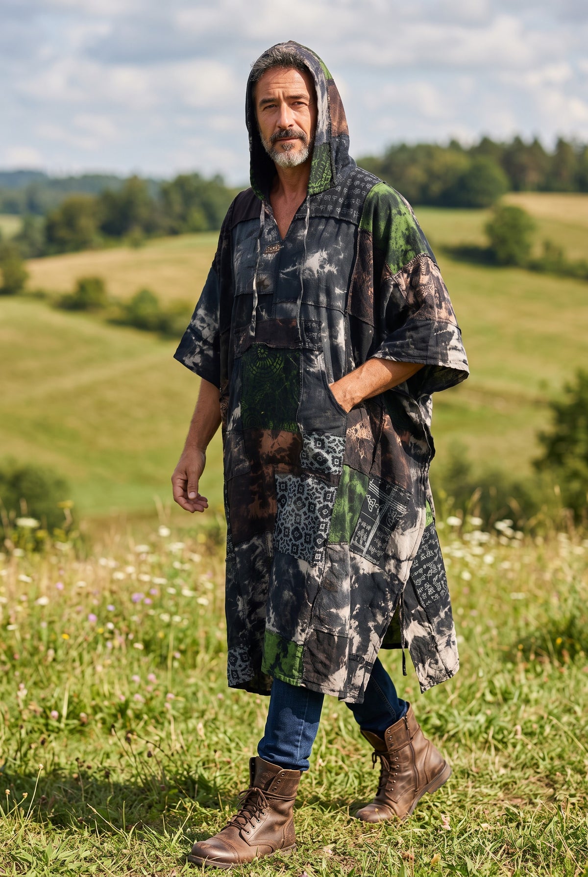 Kailash Nepal Patchwork Kapüşonlu Panço – Unisex Etnik Bohem Tasarım