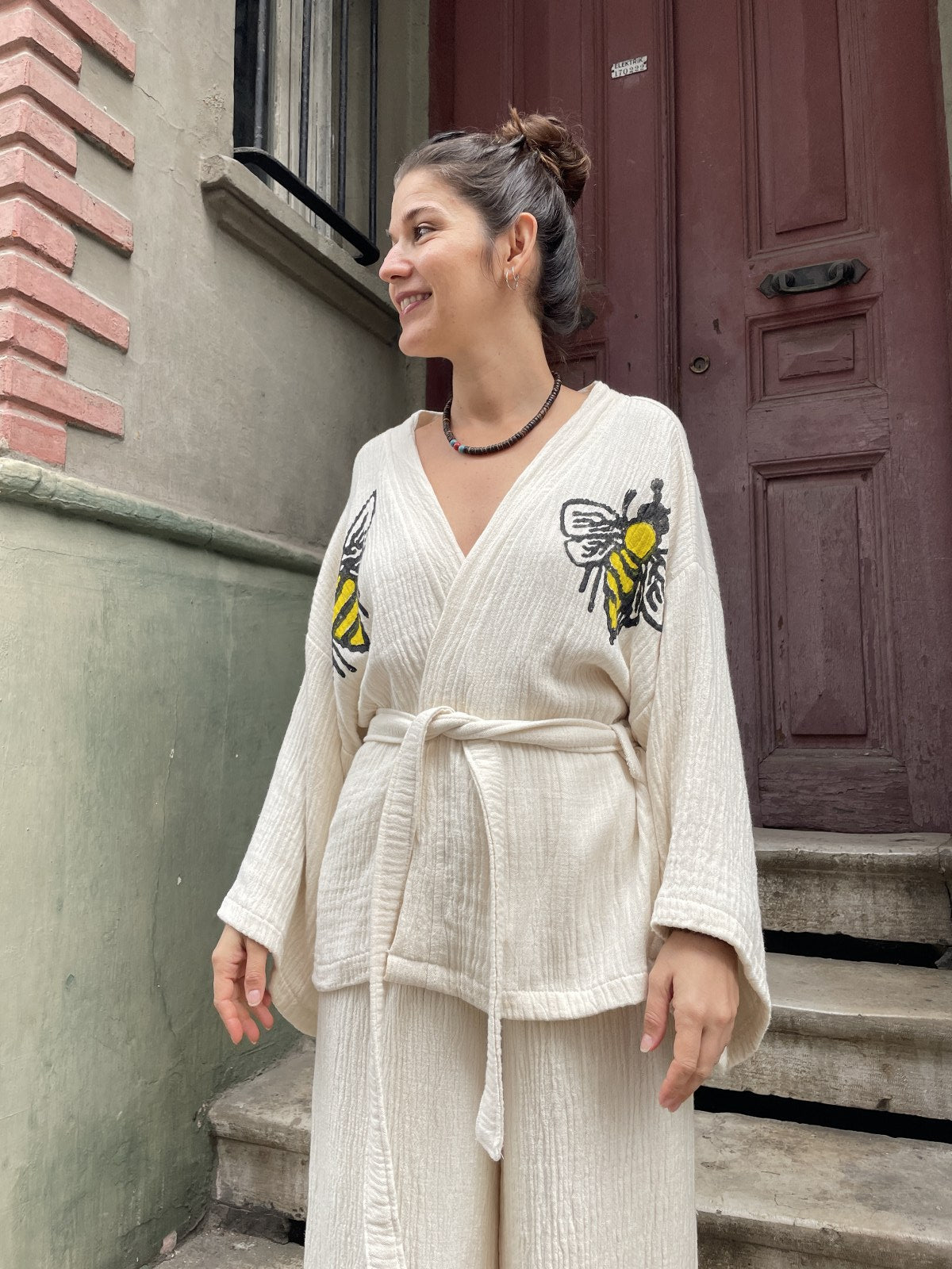 Arı Desenli Bohem Kadın Yoga Doğal Kumaş Kimono Takım Yoga Takımı