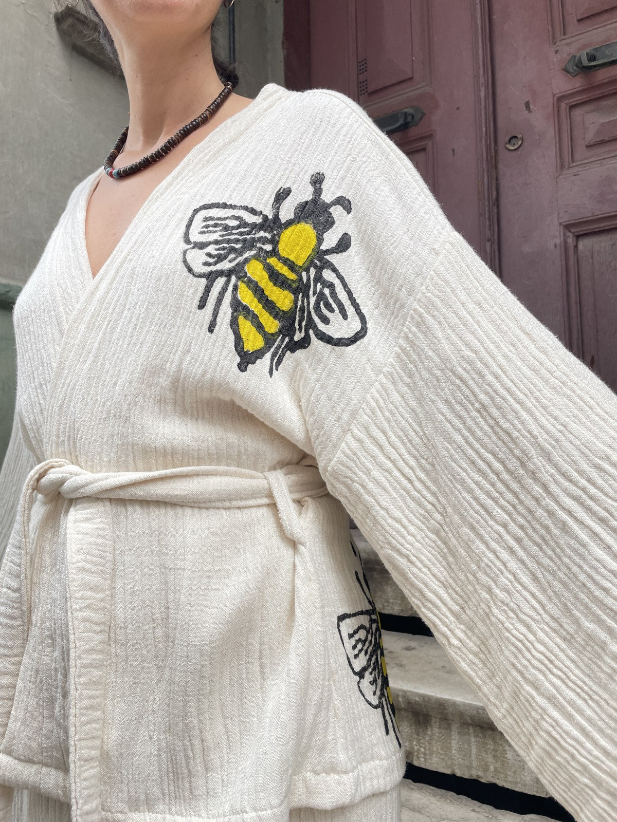 Arı Desenli Bohem Kadın Yoga Doğal Kumaş Kimono Takım Yoga Takımı