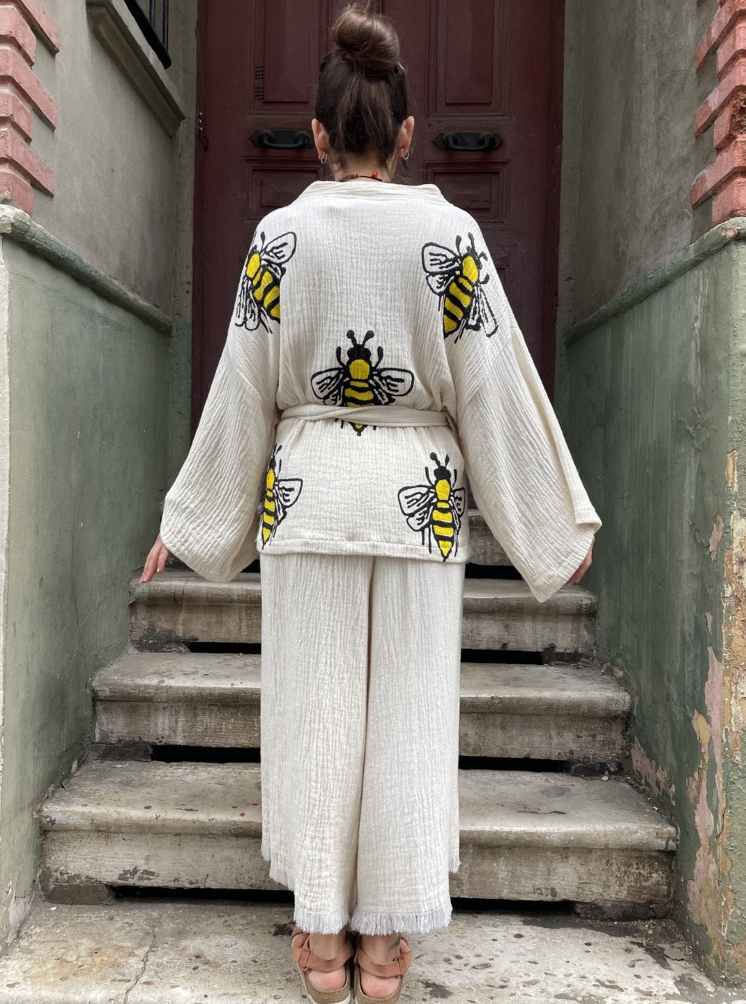 Arı Desenli Bohem Kadın Yoga Doğal Kumaş Kimono Takım Yoga Takımı