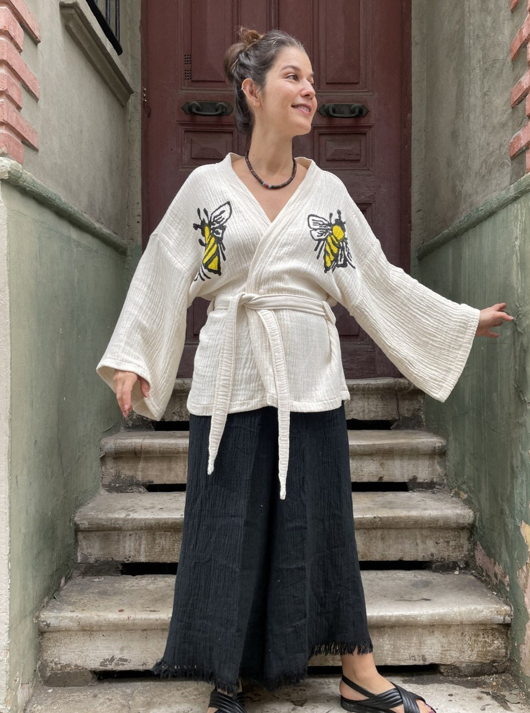 Arı Desenli Bohem Kadın Yoga Doğal Kumaş Kimono Takım Yoga Takımı