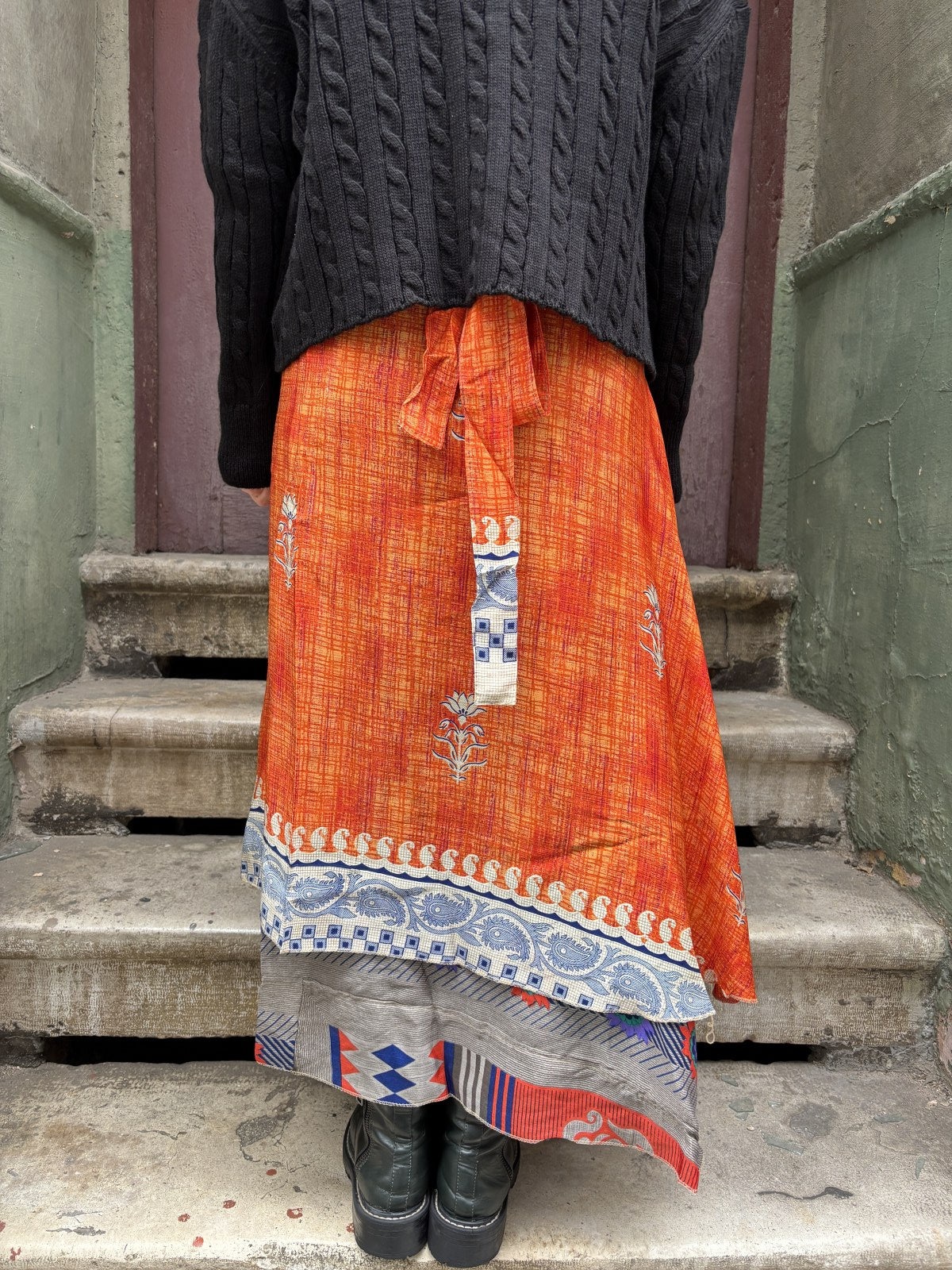 Nepal İpek Çift Taraflı Bağlamalı Etek – Sarı Desenli