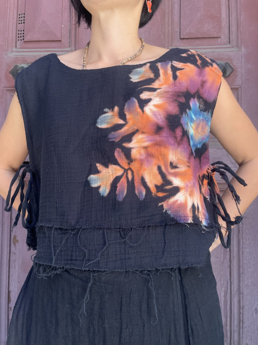Bohem Siyah Renkli Batik Desenli Müslin Bluz
