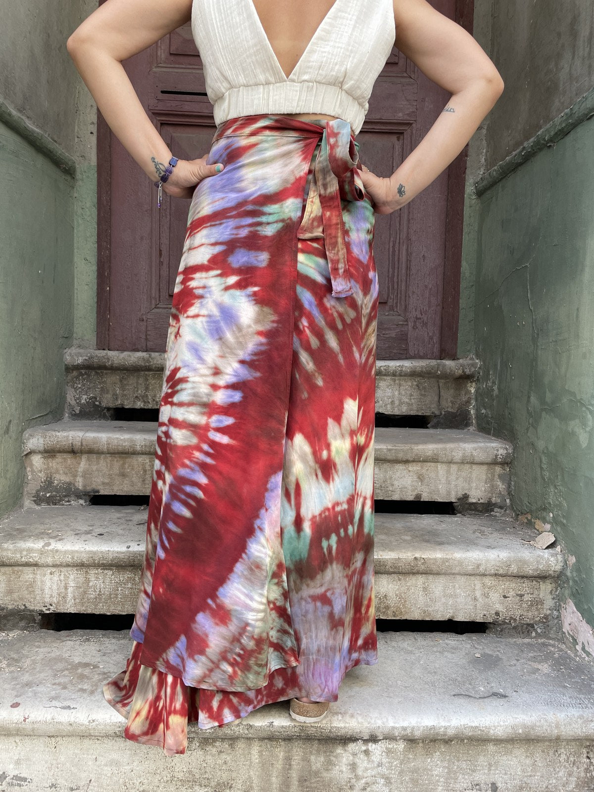 Tasarım Pembe Mor Batik Bağlamalı Etek