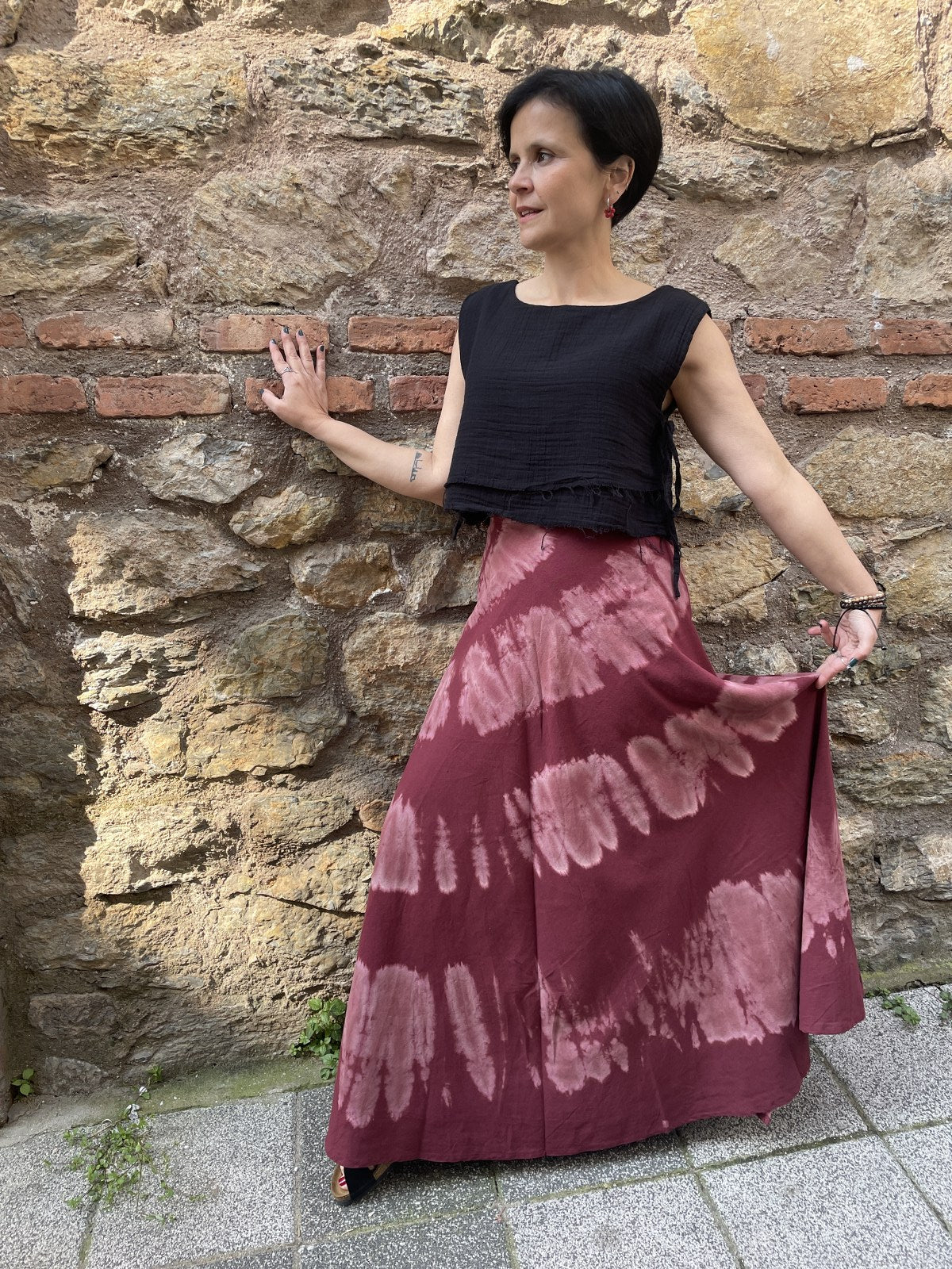 Tasarım Bordo Batik Bağlamalı Etek