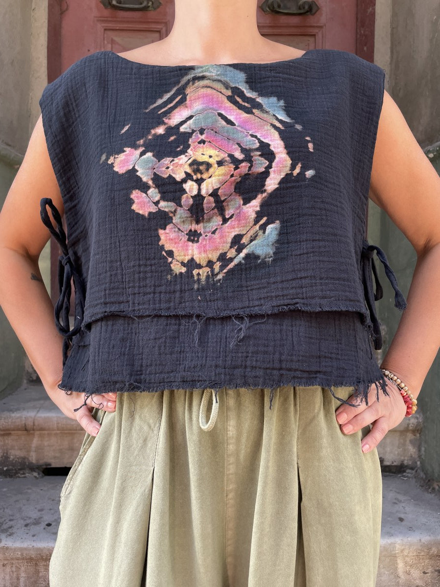 Bohem Siyah Batik Desenli Müslin Bluz – %100 Pamuk