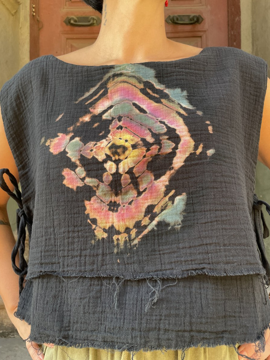 Bohem Siyah Batik Desenli Müslin Bluz – %100 Pamuk