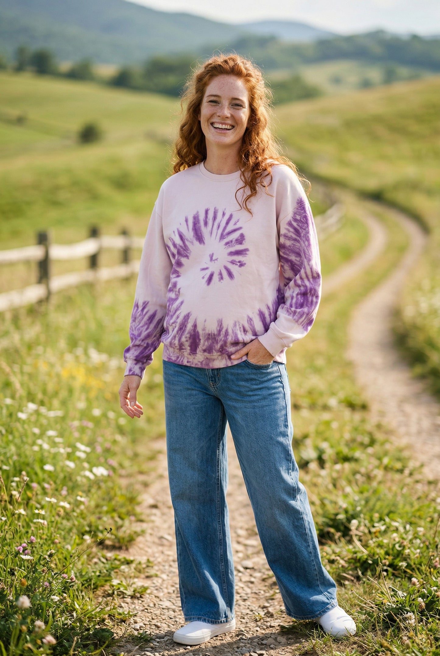 Batik Desenli Oversize Sweatshirt – %100 Pamuk, Mor Spiral