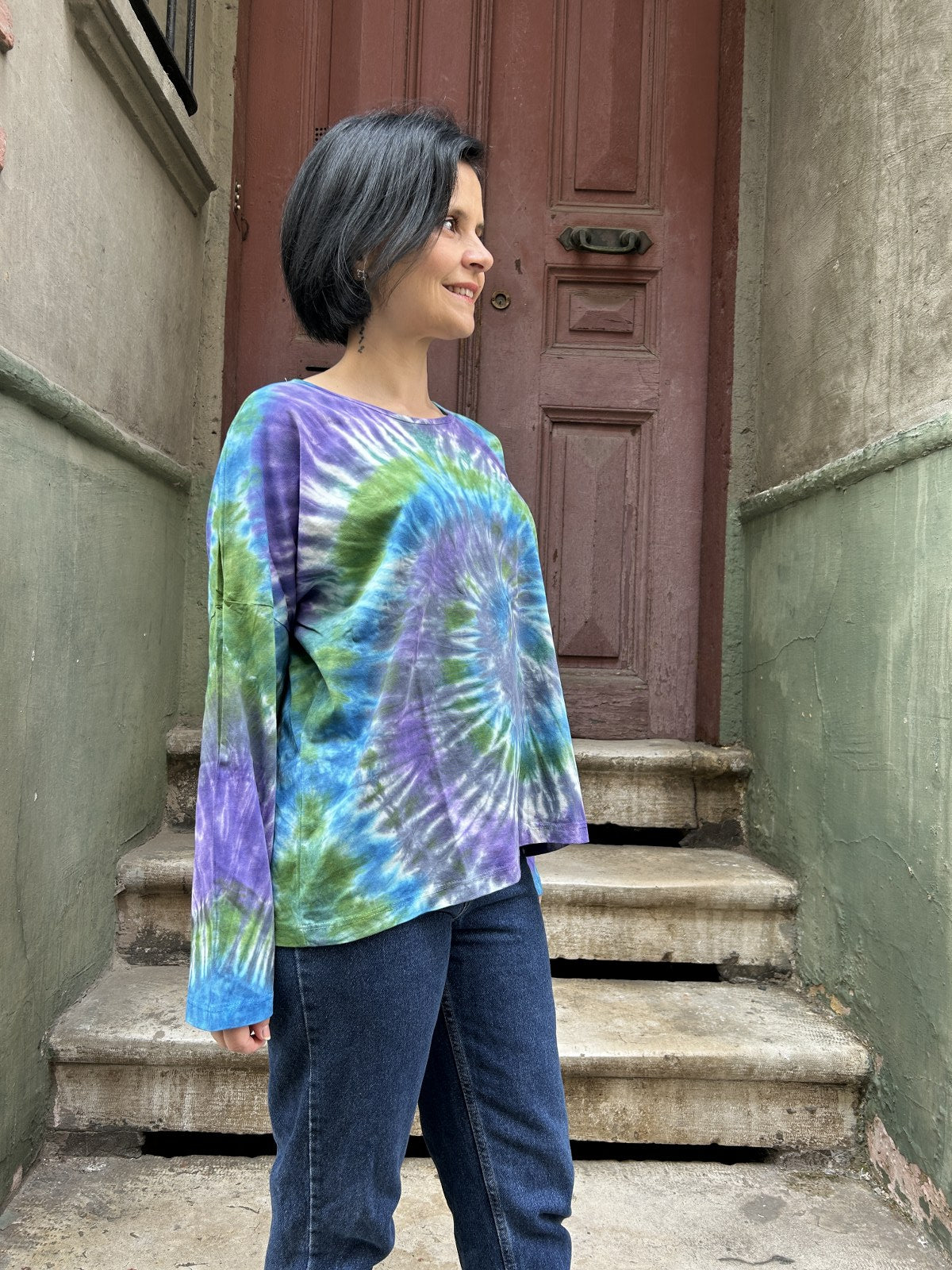 Bohem Batik Sarı Mavi Uzun Kol Bluz