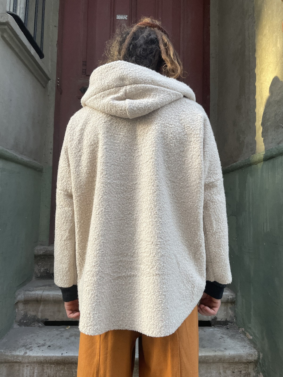 Unisex Bej Bohem Salaş Kapşonlu İtalyan Kaban Mont